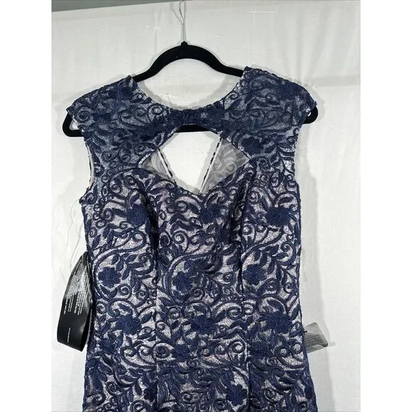 NEW $268 JS Collections [ 4 ] Daniela Bow Tea Length Dress Navy Blue/Blush Q1050